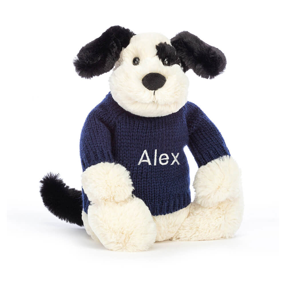 Bashful Black & Cream Puppy with Personalized Navy Jumper | Jellycat