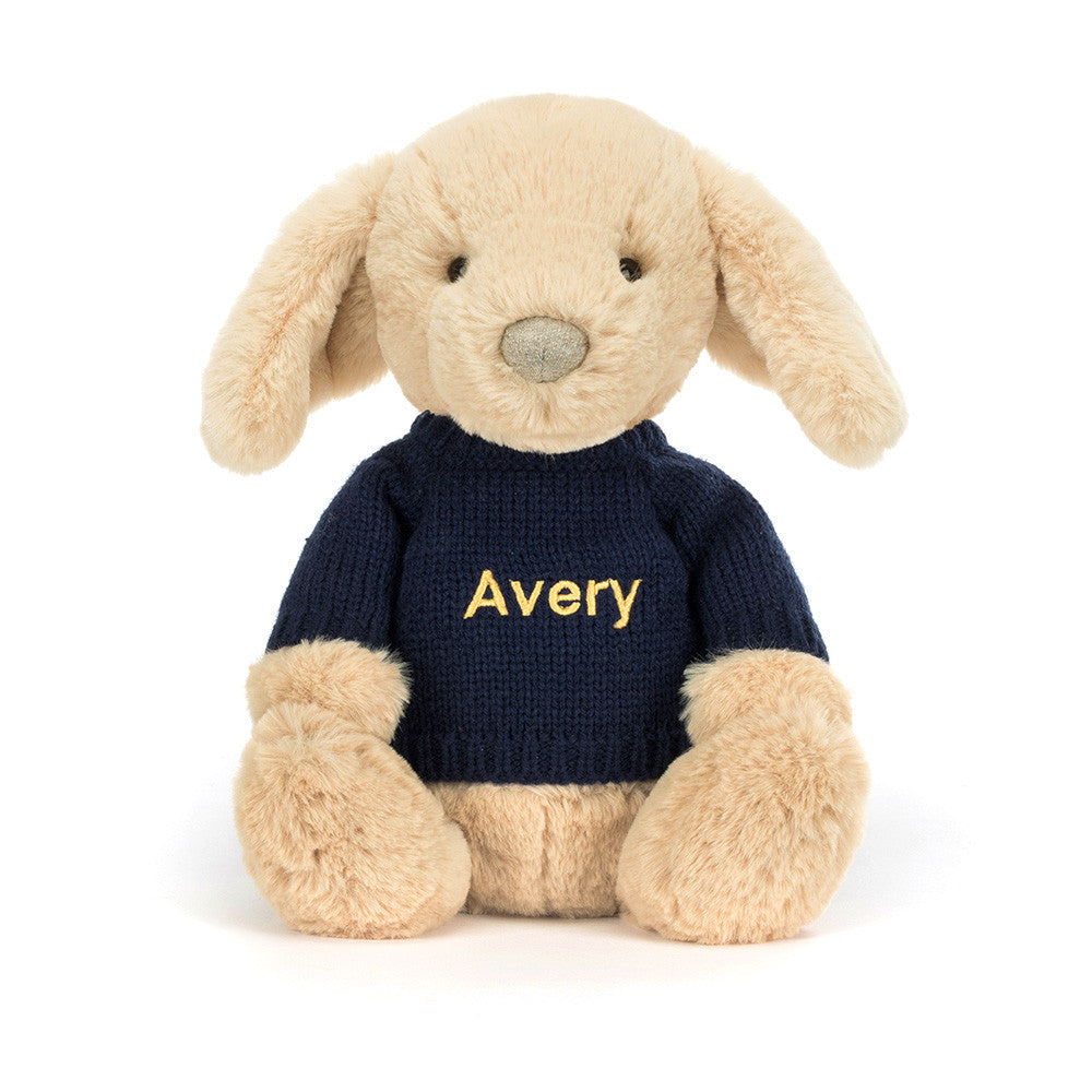 Bashful Luxe Puppy Orlando with Personalized Navy Jumper | Jellycat