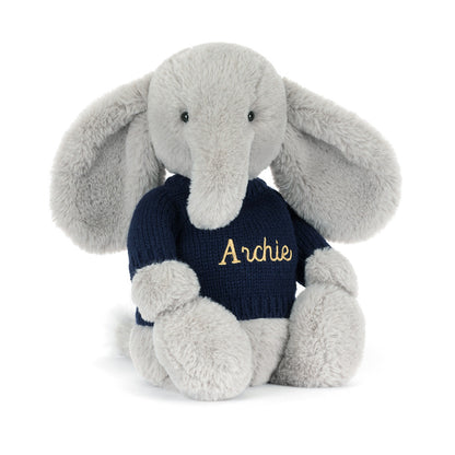 Bashful Luxe Elephant Thuddeus with Personalized Navy Jumper | Jellycat