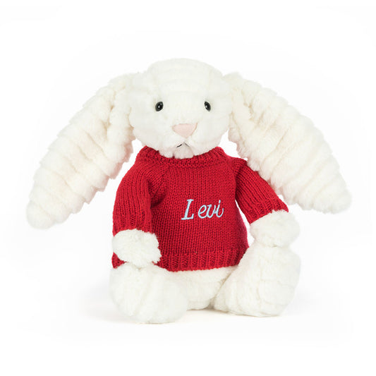 Bashful Luxe Bunny Nimbus with Personalized Red Jumper | Jellycat