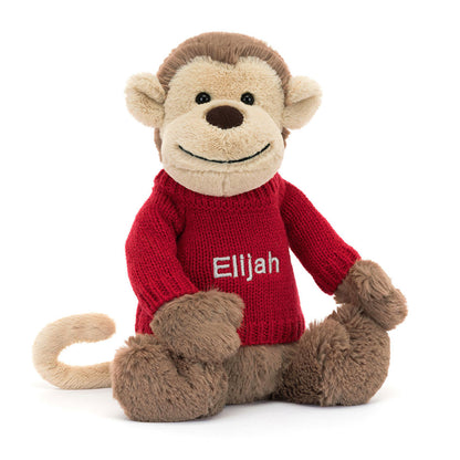 Bashful Monkey with Personalized Red Jumper | Jellycat