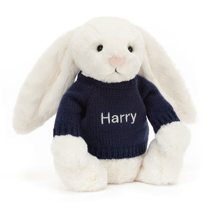 Bashful Cream Bunny with Personalized Navy Jumper | Jellycat