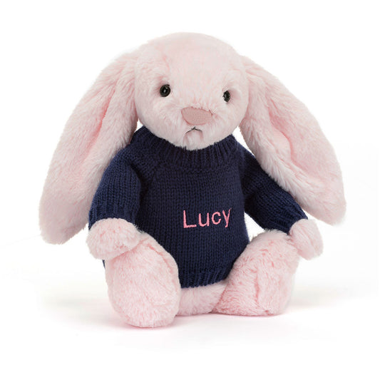 Bashful Pink Bunny with Personalized Navy Jumper | Jellycat