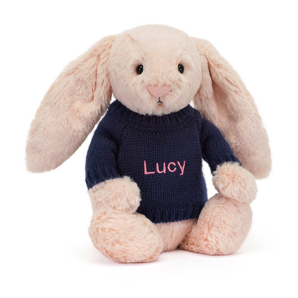 Bashful Blush Bunny with Personalized Navy Jumper | Jellycat