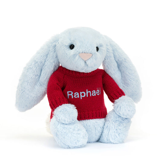 Bashful Blue Bunny with Personalized Red Jumper | Jellycat