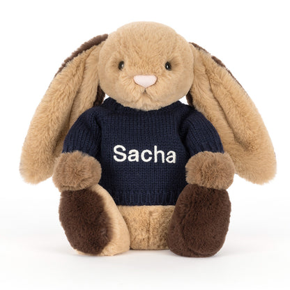 Bashful Patchwork Brown Bunny with Personalized Navy Jumper | Jellycat