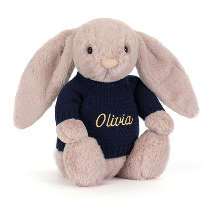 Bashful Luxe Bunny Rosa with Personalized Navy Jumper | Jellycat