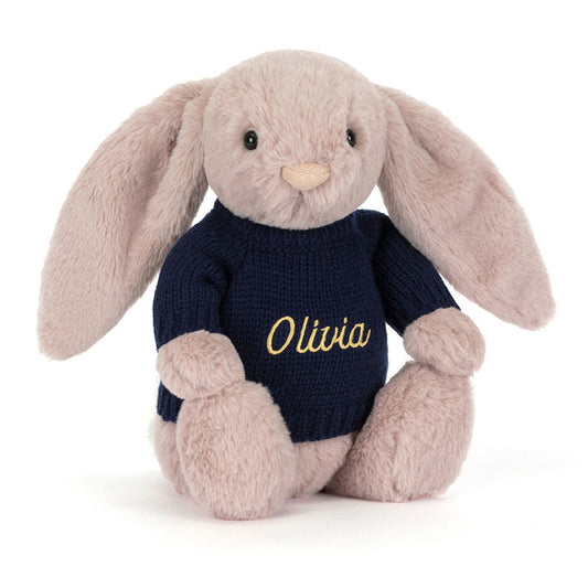 Bashful Luxe Bunny Rosa with Personalized Navy Jumper | Jellycat