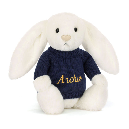 Bashful Luxe Bunny Luna with Personalized Navy Jumper | Jellycat