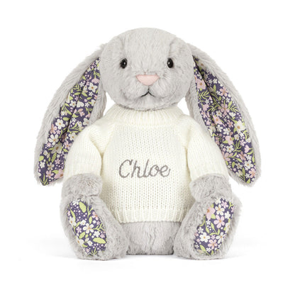 Blossom Silver Bunny 'Bloom' with Personalized Cream Jumper | Jellycat