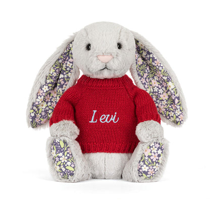 Blossom Silver Bunny 'Bloom' with Personalized Red Jumper | Jellycat