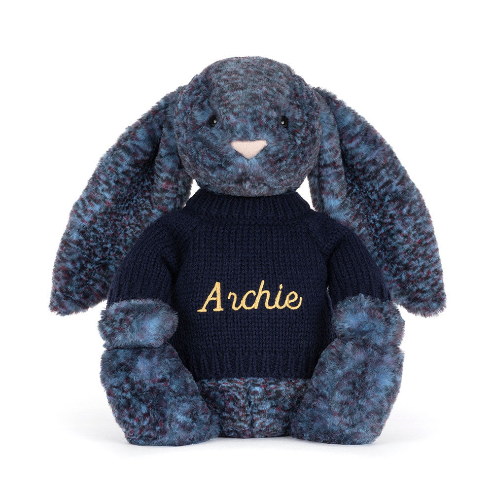 Hopscone Luxe Bunny with Personalized Navy Jumper | Jellycat